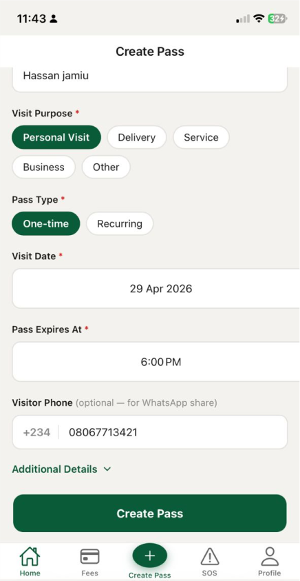 CheckPass Resident App Create Pass Screen