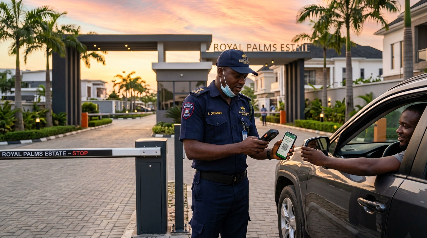 Security guard scanning visitor pass
